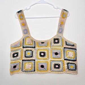 New In Crochet Granny Square Crop Tank Top Women's M/L Boho Hippie Coachella